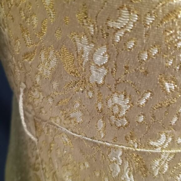 Vintage Couture Gold Brocade Cocktail Dress Cream M Bow Pouf Collar Short Sleeve - Picture 7 of 10